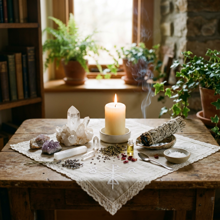 Table with crystals, a lit candle, burning sage, herbs, and a small bottle of oil on a cloth