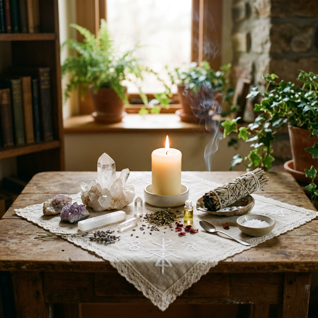 Table with crystals, a lit candle, burning sage, herbs, and a small bottle of oil on a cloth