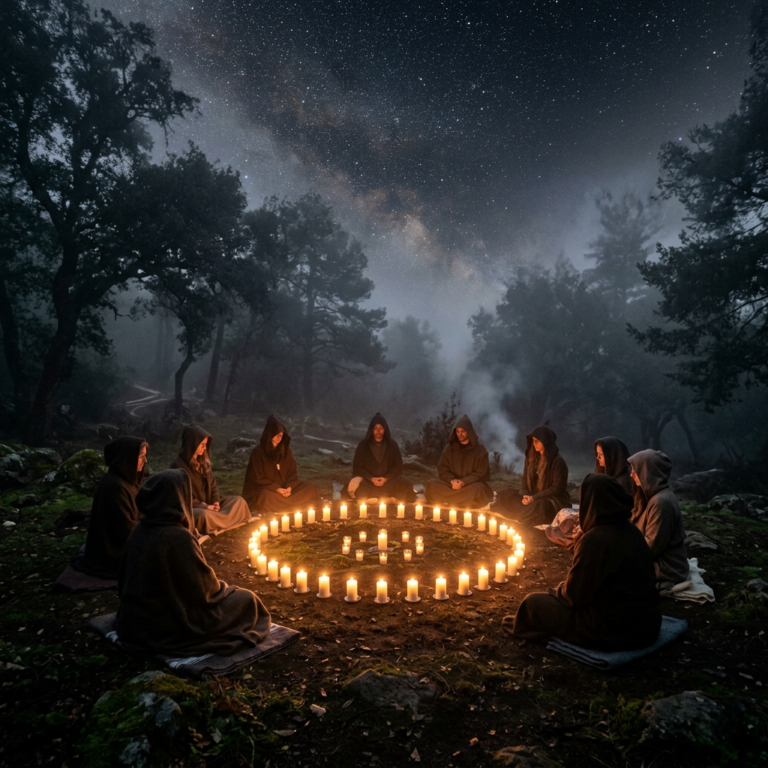 Group of people in dark hooded cloaks sitting in a circle around lit candles in a wooded area at night under a starry sky