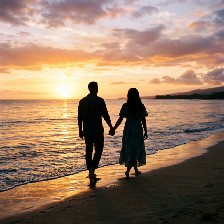 A couple walking barefoot on the beach hand in hand at sunset