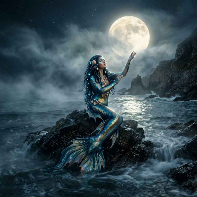 Mermaid sitting on rocks by the ocean at night reaching toward a large full moon